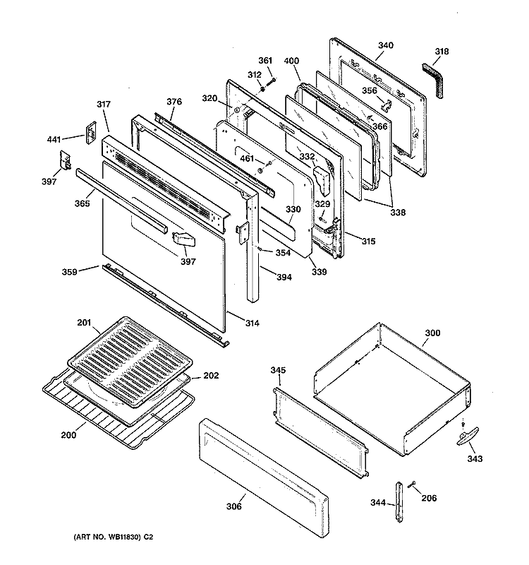 DOOR & DRAWER PARTS Diagram and Parts List for JGBP30WEA3WW  General Electric Range