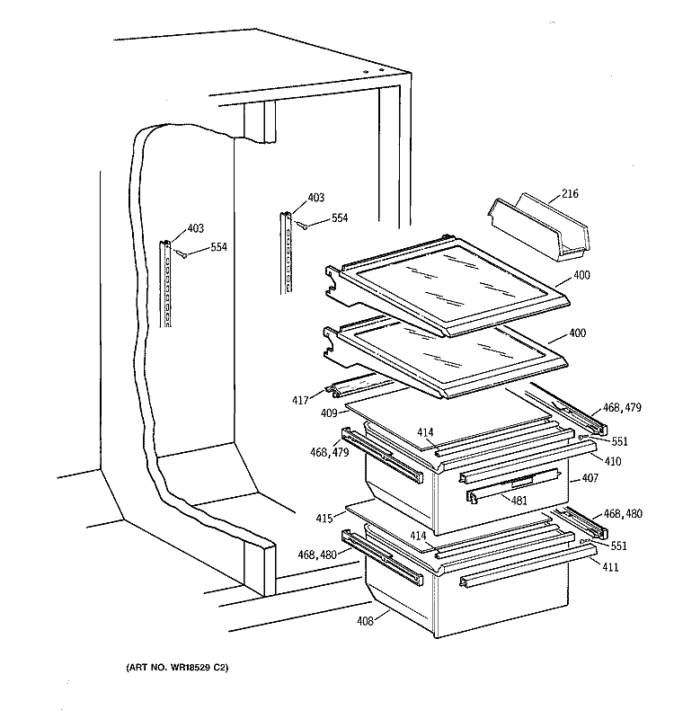 FRESH FOOD SECTION Diagram and Parts List for TFX22KRCEAA  General Electric Refrigerator
