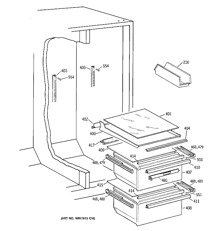 FRESH FOOD SECTION Diagram and Parts List for TFX22GRBEWW  General Electric Refrigerator