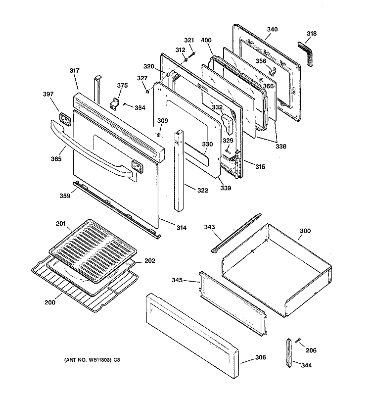 DOOR & DRAWER PARTS Diagram and Parts List for JGBP79WEA3WW  General Electric Range
