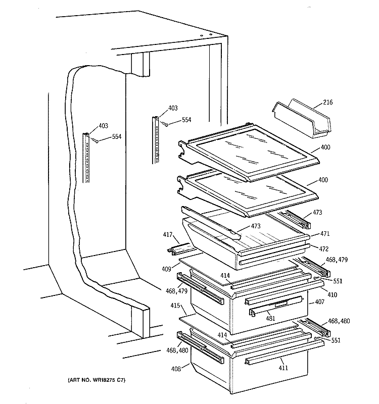FRESH FOOD SHELVES Diagram and Parts List for TFX25ARBEWW  General Electric Refrigerator