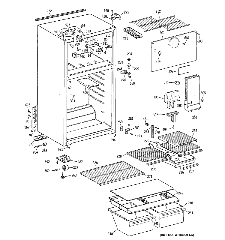 CABINET Diagram and Parts List for CTZ16EACDRWW  Hotpoint Refrigerator