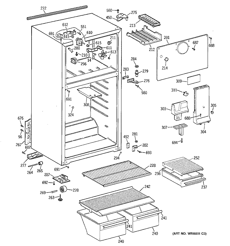 CABINET Diagram and Parts List for MTZ14EACDRWW  General Electric Refrigerator