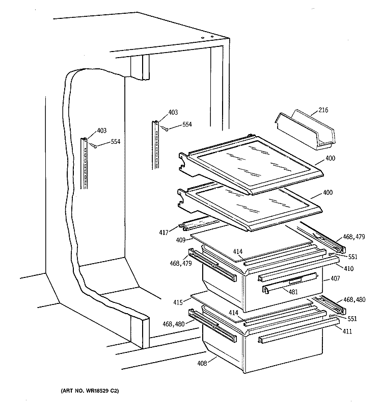 FRESH FOOD SHELVES Diagram and Parts List for TFX25KRCBWW  General Electric Refrigerator