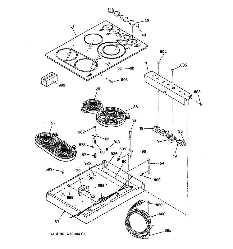 Section Diagram and Parts List for JP930CA1CC  General Electric Cooktop