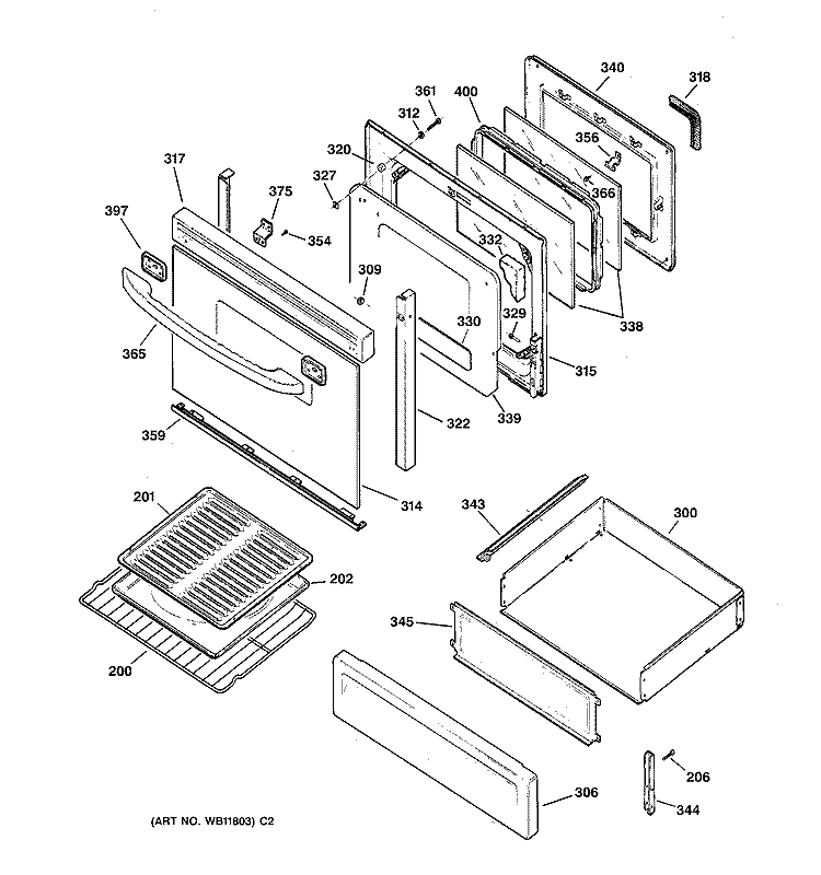 DOOR & DRAWER PARTS Diagram and Parts List for JGBP79WEA4WW  General Electric Range