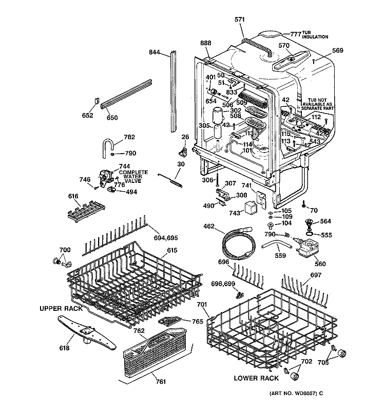 BODY PARTS Diagram and Parts List for GSD5134D00WW  General Electric Dishwasher