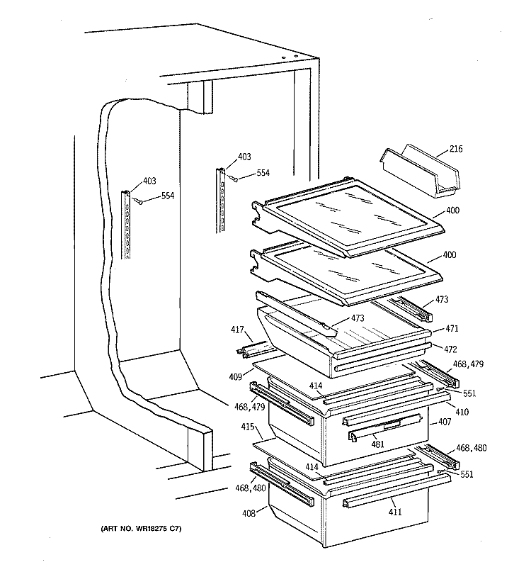 FRESH FOOD SHELVES Diagram and Parts List for TFX25QRCEWW  General Electric Refrigerator