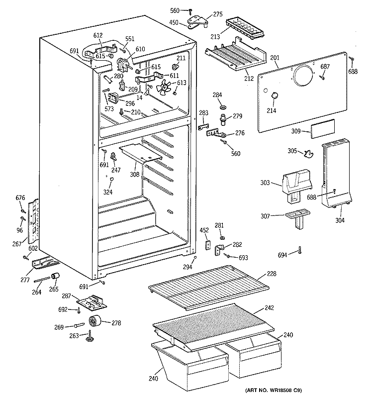 CABINET Diagram and Parts List for TBX14SABNLAA  General Electric Refrigerator