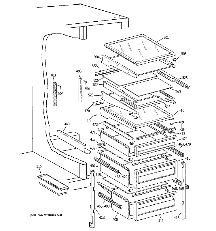 FRESH FOOD SHELVES Diagram and Parts List for TFX30PBBEBB  General Electric Refrigerator