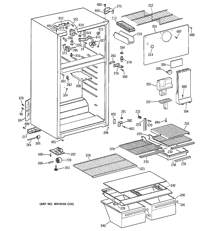 CABINET Diagram and Parts List for TBX14DABNRAA  General Electric Refrigerator