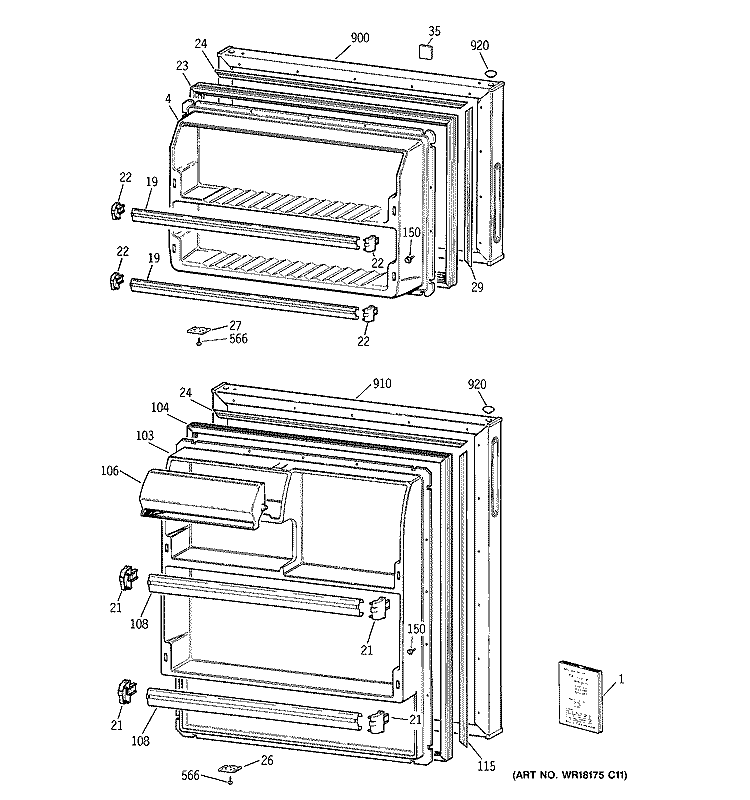 DOORS Diagram and Parts List for TBX16SYBNRWW  General Electric Refrigerator