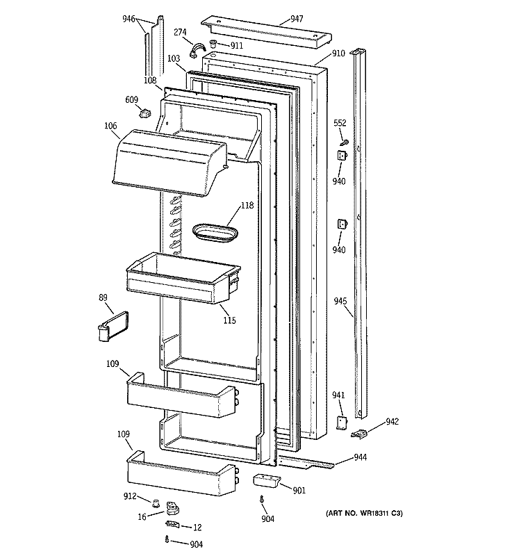 FRESH FOOD DOOR Diagram and Parts List for TPX24BPBEWW  General Electric Refrigerator