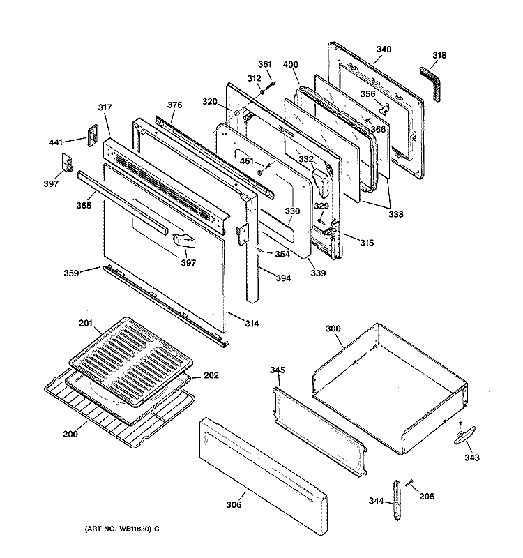 DOOR & DRAWER PARTS Diagram and Parts List for JGBP35GRA3WW  General Electric Range