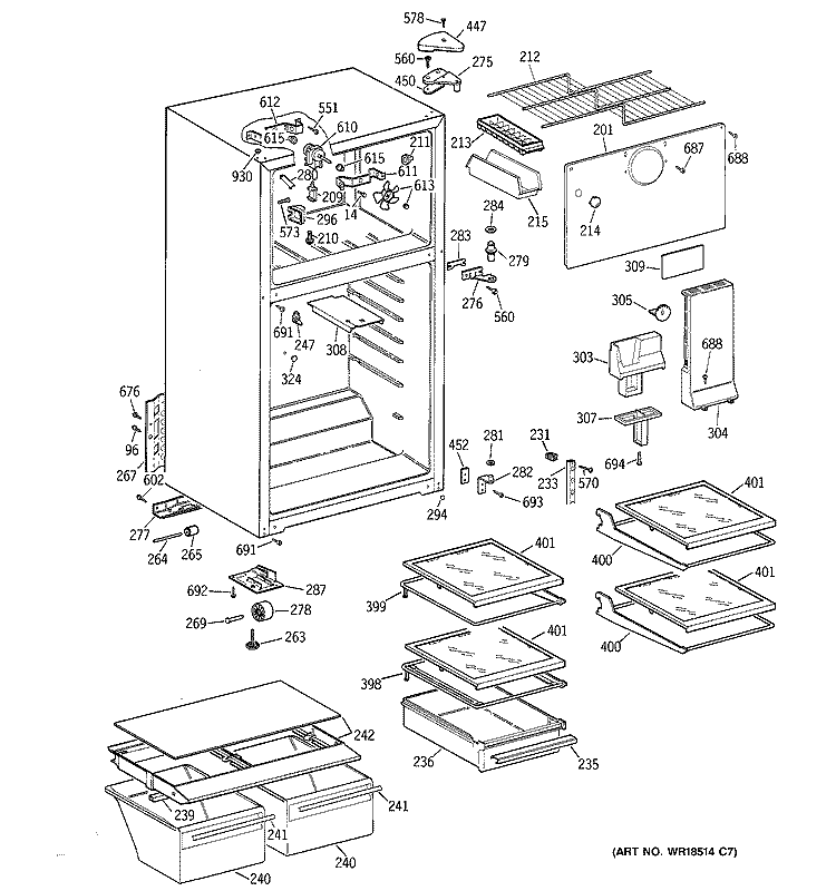 CABINET Diagram and Parts List for TBJ14JABRRAA  General Electric Refrigerator