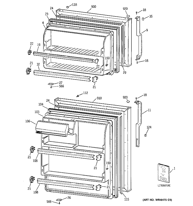 DOORS Diagram and Parts List for TBT18SABSRWW  General Electric Refrigerator