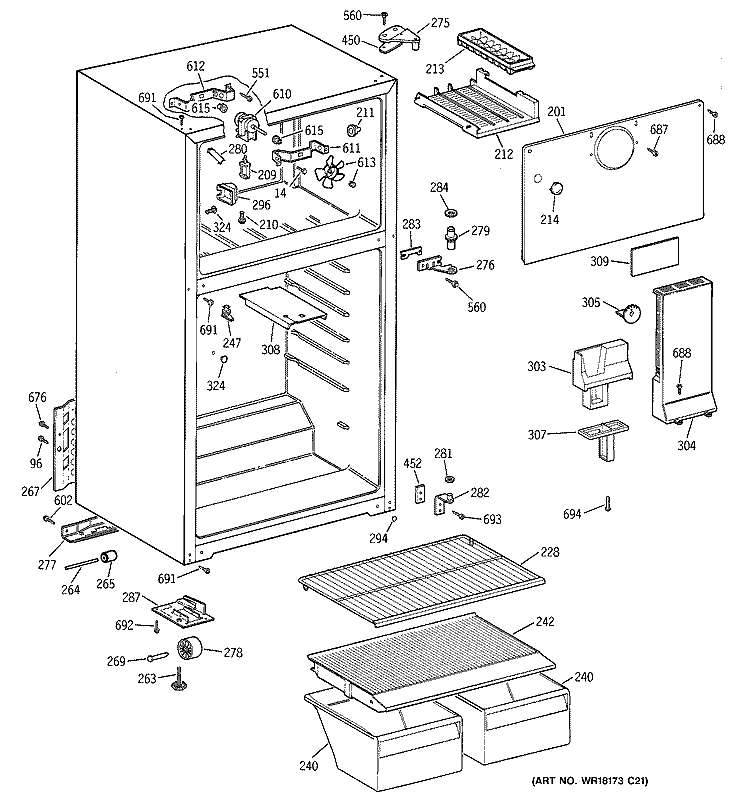 CABINET Diagram and Parts List for TBT18SABSRWW  General Electric Refrigerator