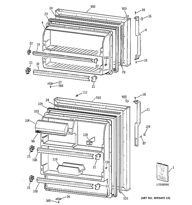 DOORS Diagram and Parts List for TBJ16NABLRWW  General Electric Refrigerator