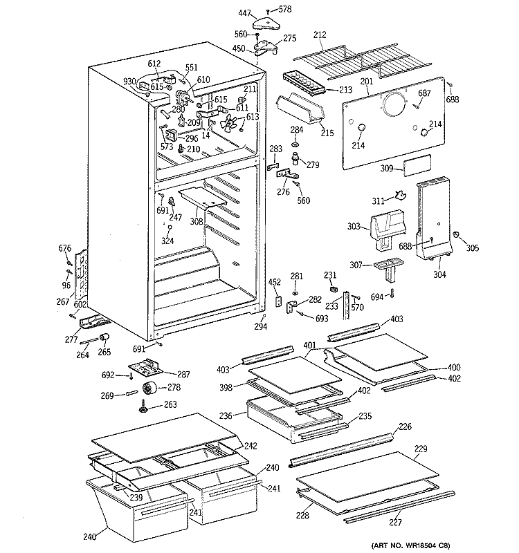 CABINET Diagram and Parts List for TBJ16NABLRWW  General Electric Refrigerator