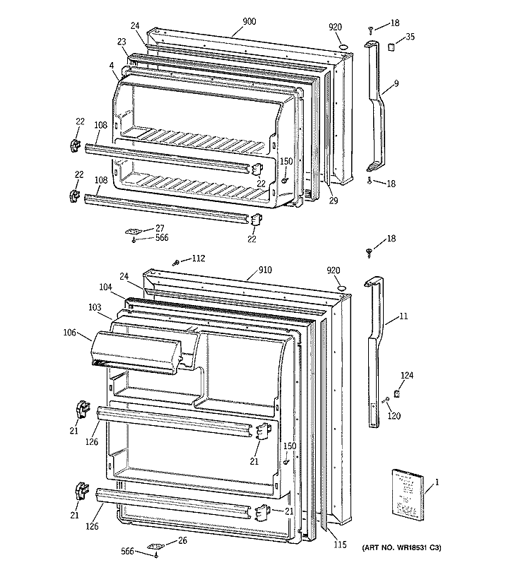 DOORS Diagram and Parts List for CTX16CIBNLAA  Hotpoint Refrigerator