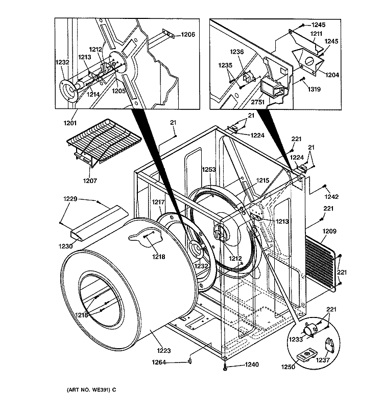CABINET & DRUM Diagram and Parts List for DSXH43EV0WW  General Electric Dryer