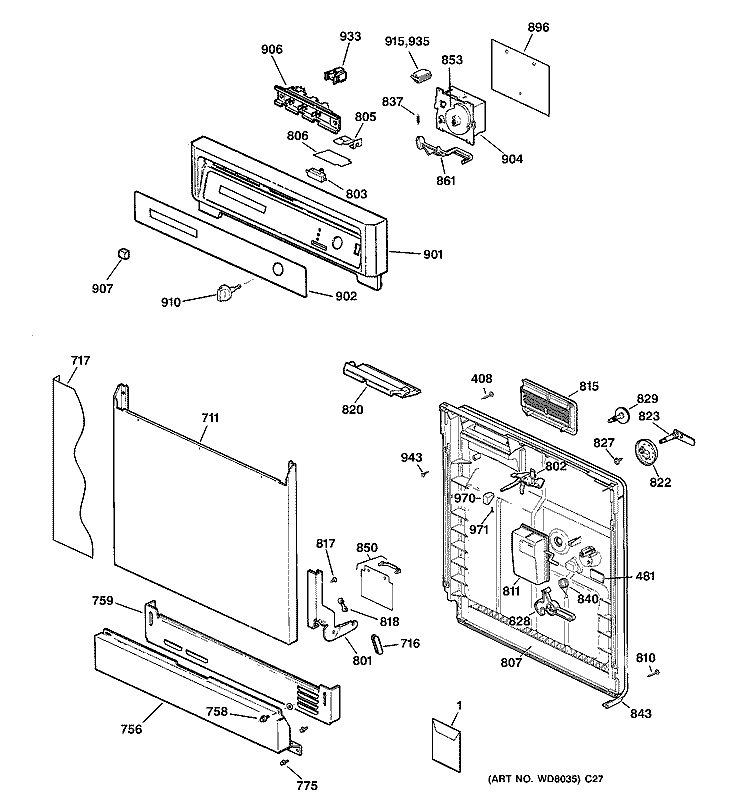 ESCUTCHEON & DOOR ASSEMBLY Diagram and Parts List for GSD3210Z05AA  General Electric Dishwasher