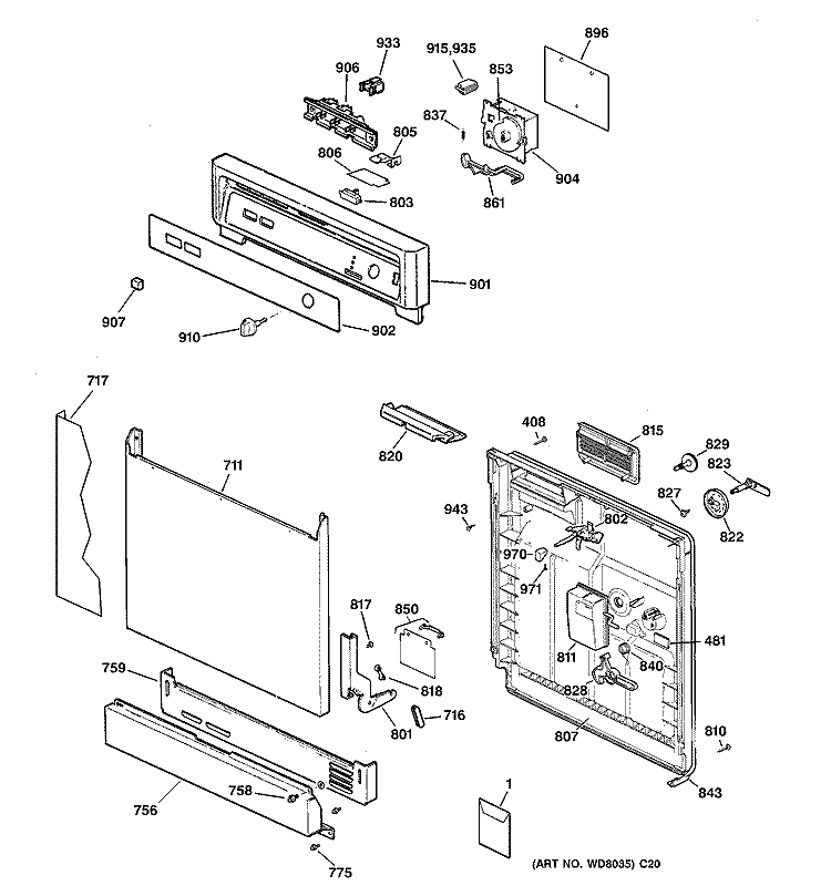 ESCUTCHEON & DOOR ASSEMBLY Diagram and Parts List for GSD3130C05WW  General Electric Dishwasher