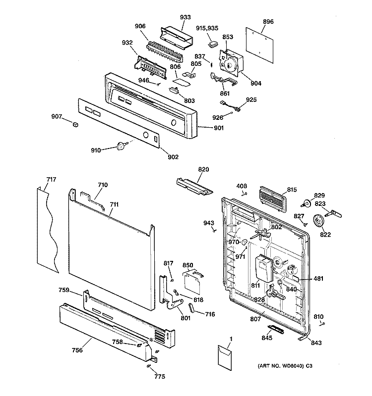 ESCUTCHEON & DOOR ASSEMBLY Diagram and Parts List for GSD3410Z05AA  General Electric Dishwasher