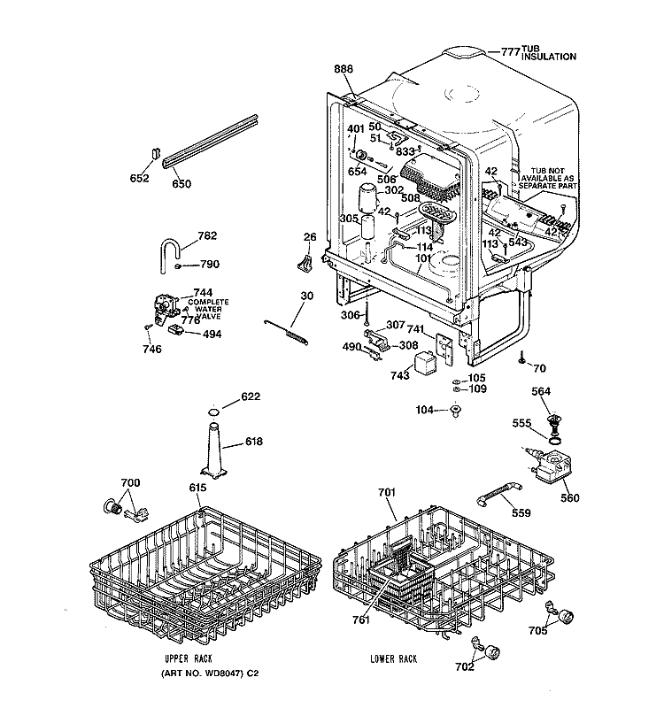 BODY PARTS Diagram and Parts List for GSD3410Z05AA  General Electric Dishwasher