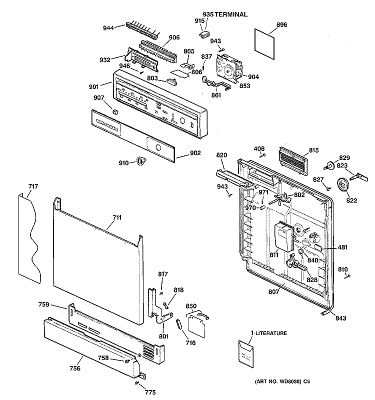 ESCUTCHEON & DOOR ASSEMBLY Diagram and Parts List for GSD3610Z05AA  General Electric Dishwasher