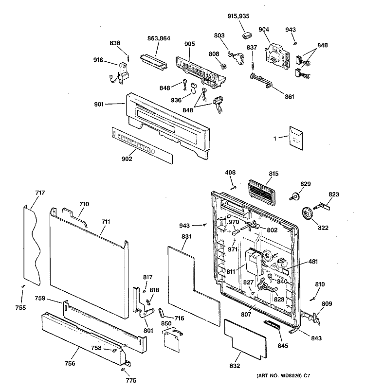 ESCUTCHEON & DOOR ASSEMBLY Diagram and Parts List for GSD4122Z05BB  General Electric Dishwasher
