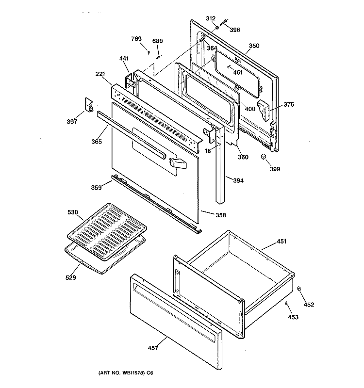 DOOR & DRAWER PARTS Diagram and Parts List for JBS61BB1WH  General Electric Range