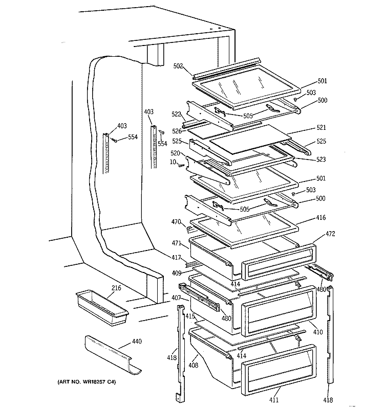 FRESH FOOD SHELVES Diagram and Parts List for TPG21PRCEBB  General Electric Refrigerator