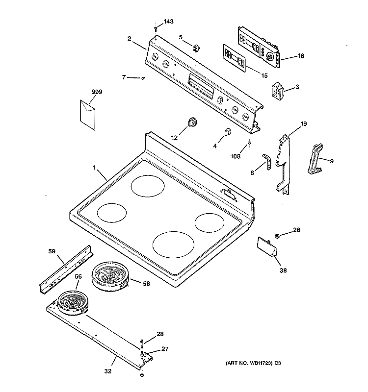CONTROL PANEL & COOKTOP Diagram and Parts List for JBP61WB1WW  General Electric Range