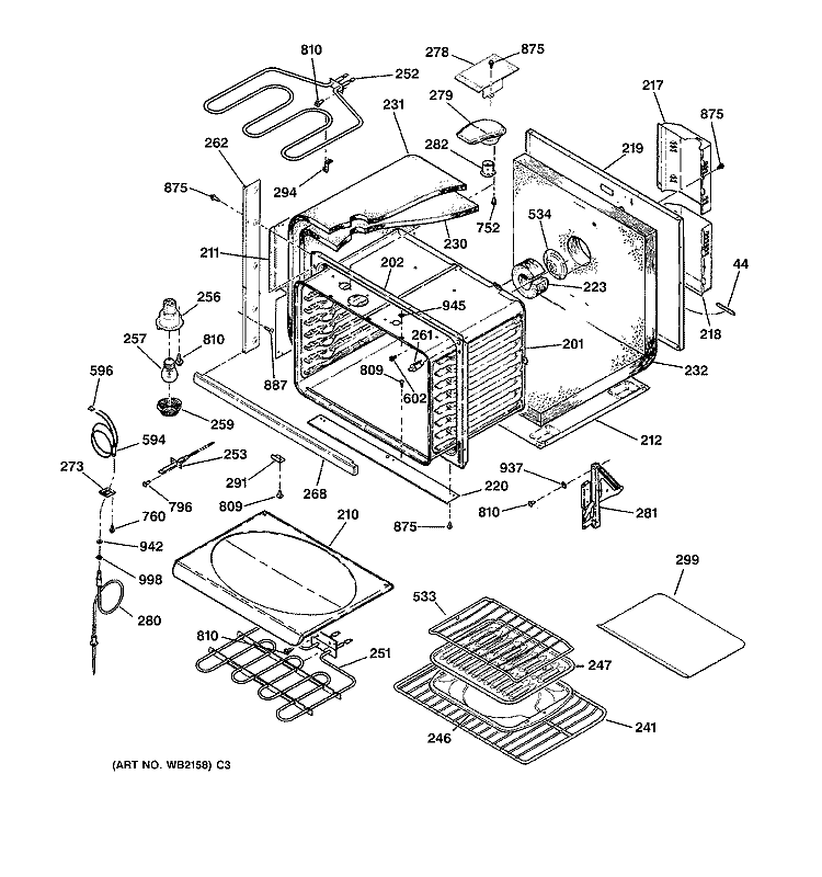 BODY PARTS Diagram and Parts List for ZET737WA1WW  General Electric Wall Oven