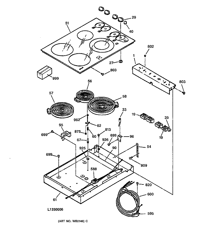 Section Diagram and Parts List for JP350WB1WG  General Electric Cooktop