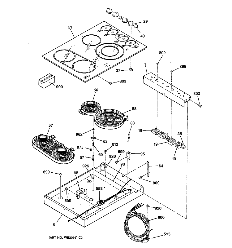 Section Diagram and Parts List for JP930WB1WG  General Electric Cooktop