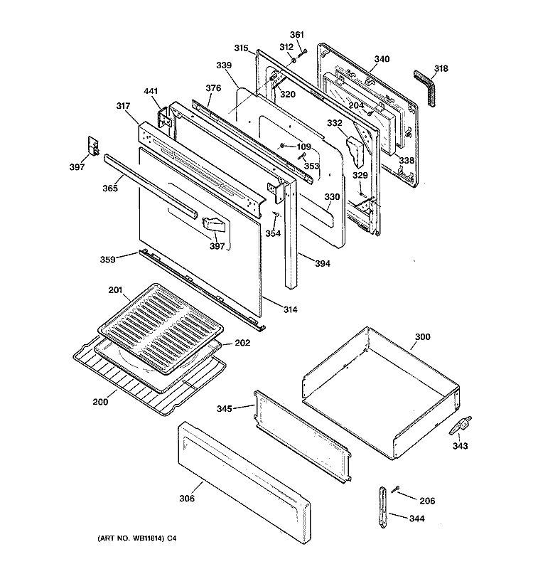 DOOR & DRAWER PARTS Diagram and Parts List for JGBP28BEA4WH  General Electric Range