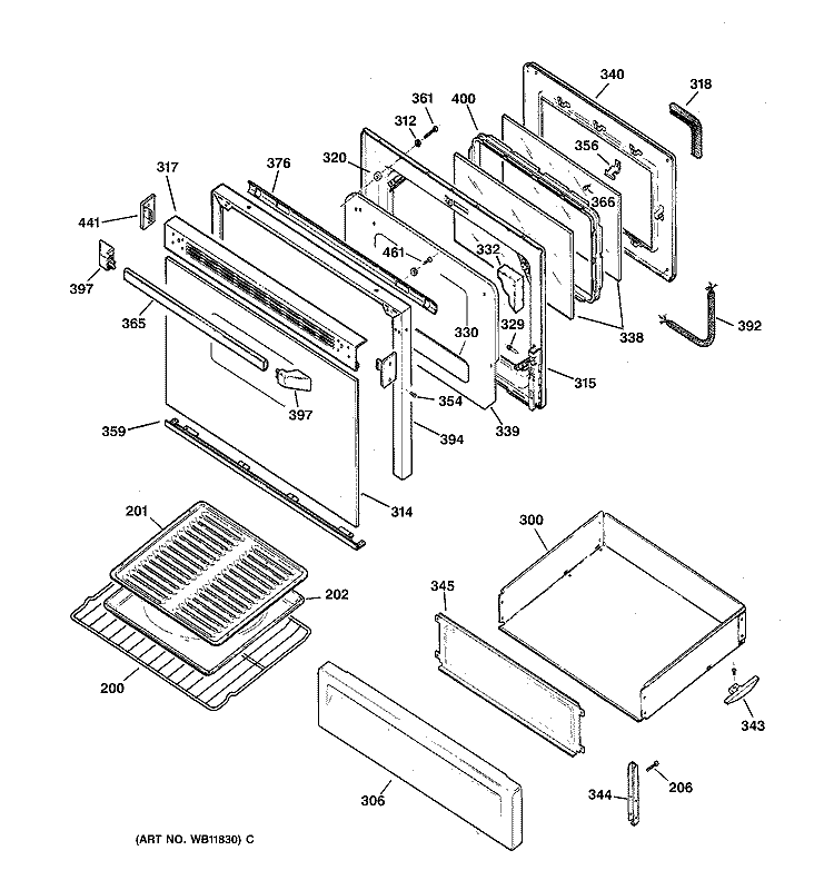 DOOR & DRAWER PARTS Diagram and Parts List for JGBP35WEA4WW  General Electric Range