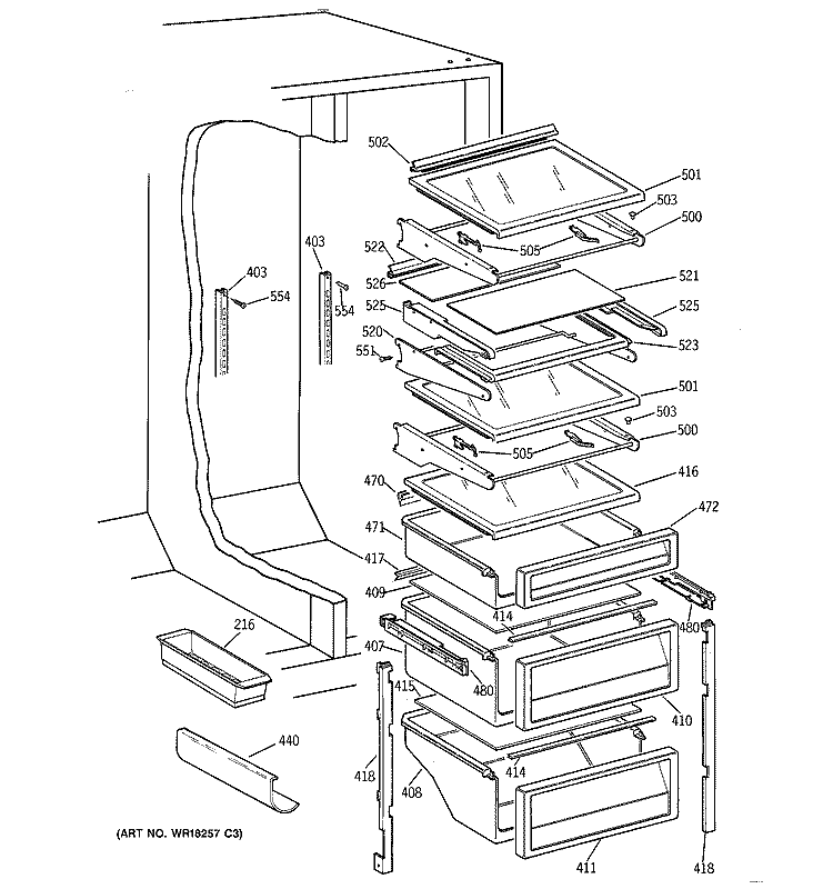 FRESH FOOD SHELVES Diagram and Parts List for TPG21BRCEWW  General Electric Refrigerator