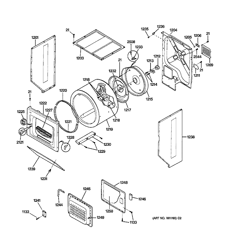 DRYER - CABINET, DRUM & HEATER Diagram and Parts List for WSM2700TCWAB  General Electric Washer Dryer Combo