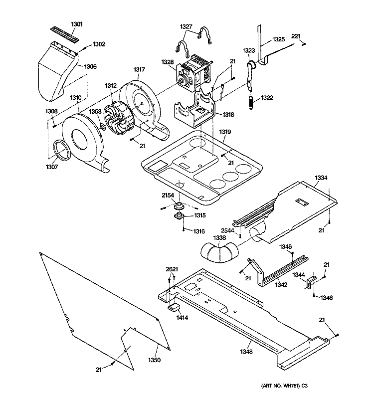 DRYER - MOTOR, BLOWER & BELT Diagram and Parts List for WSM2700TCWAB  General Electric Washer Dryer Combo