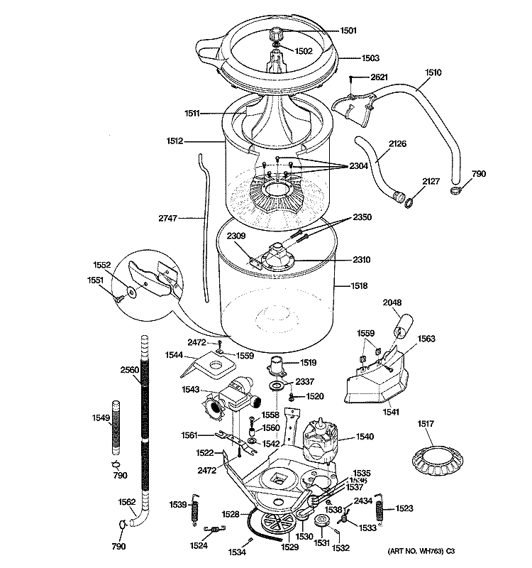 WASHER - TUBS, HOSES & MOTOR Diagram and Parts List for WSM2700TCWAB  General Electric Washer Dryer Combo