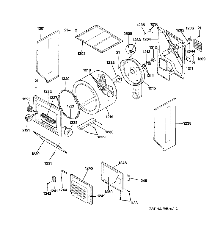 DRYER - CABINET, DRUM & HEATER Diagram and Parts List for WSM2780TCWAB  General Electric Washer Dryer Combo