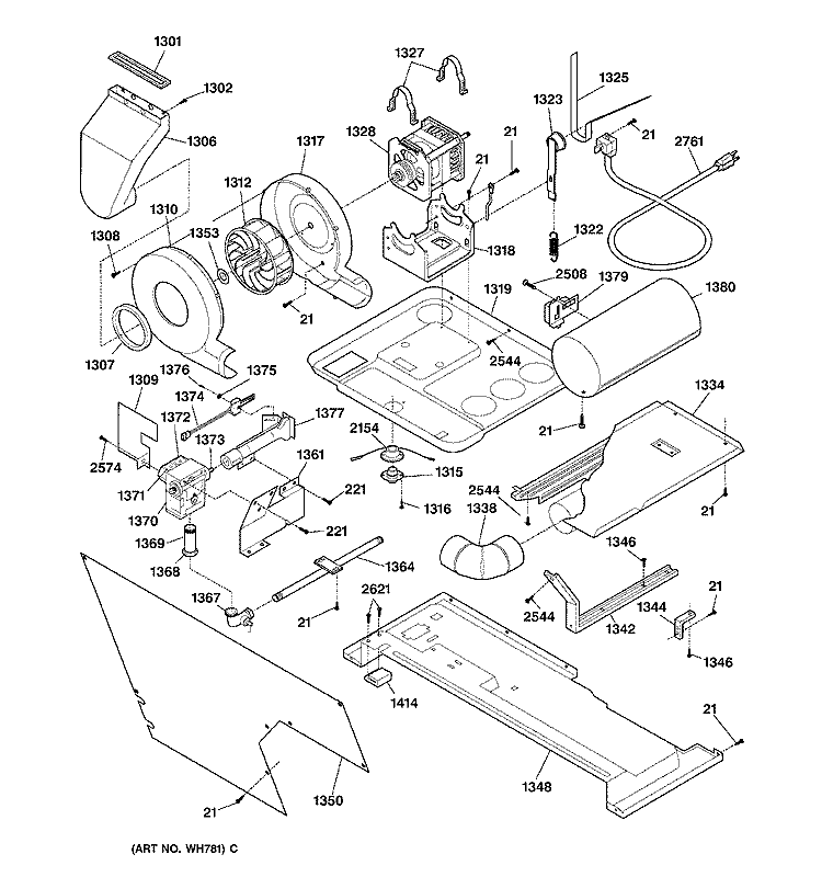 DRYER - MOTOR, BLOWER & BELT Diagram and Parts List for WSM2780TCWAB  General Electric Washer Dryer Combo