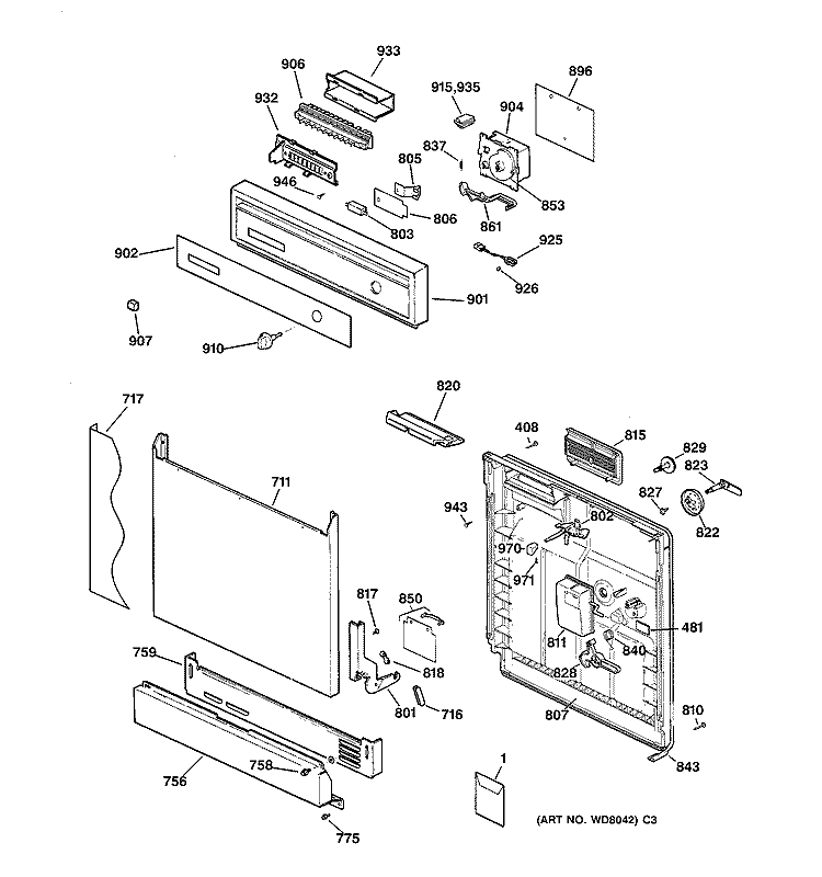 ESCUTCHEON & DOOR ASSEMBLY Diagram and Parts List for HDA3520Z05BB  Hotpoint Dishwasher