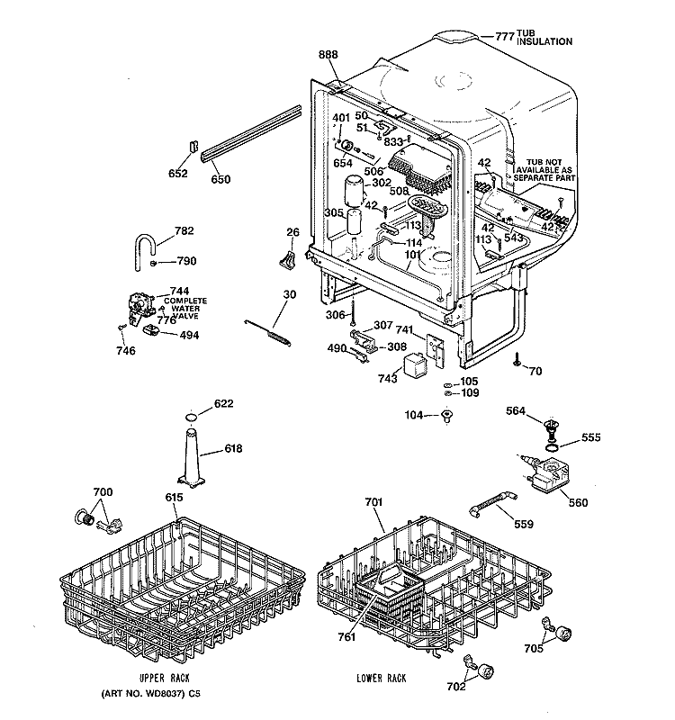 BODY PARTS Diagram and Parts List for HDA3520Z05BB  Hotpoint Dishwasher