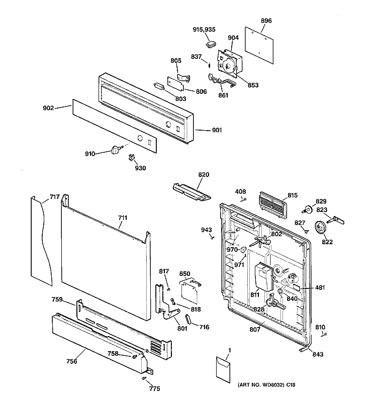 ESCUTCHEON & DOOR ASSEMBLY Diagram and Parts List for HDA2000Z05AD  Hotpoint Dishwasher