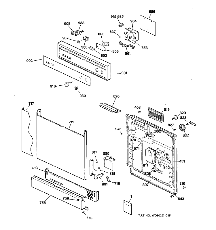 ESCUTCHEON & DOOR ASSEMBLY Diagram and Parts List for HDA3220Z05BB  Hotpoint Dishwasher