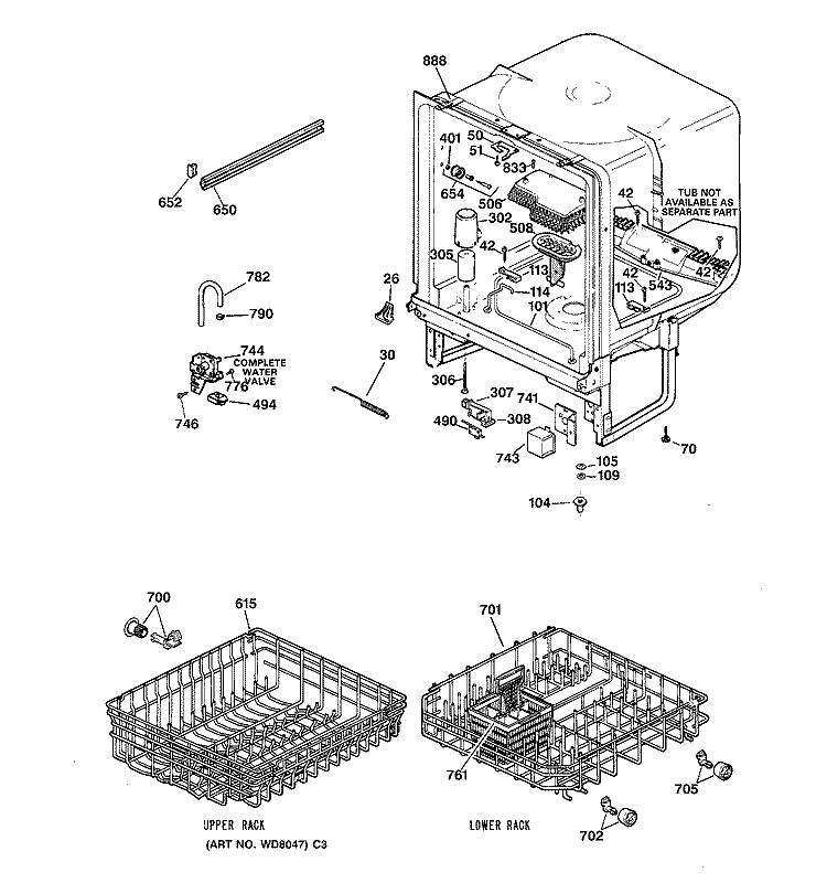 BODY PARTS Diagram and Parts List for HDA1000Z06WH  Hotpoint Dishwasher